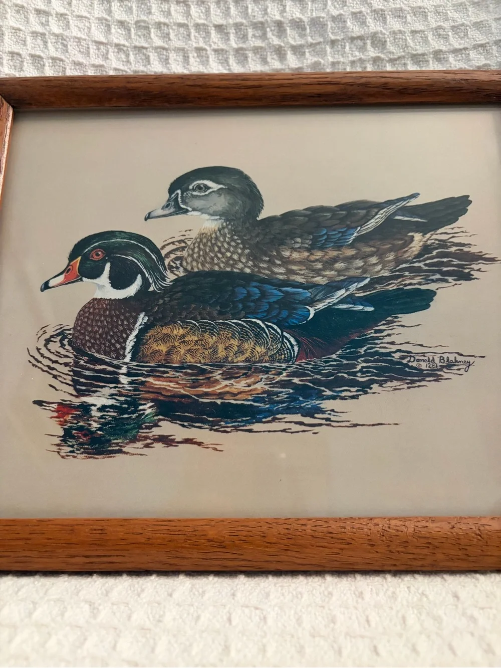 Vintage Donald Blakney Brown Wood Frame Duck Print Wall Art Signed & Date